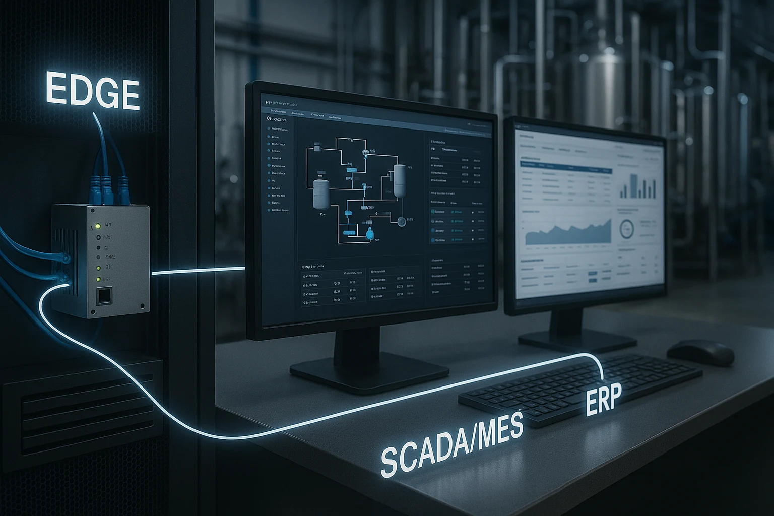 Edge → SCADA/MES → ERP/LIMS akışı